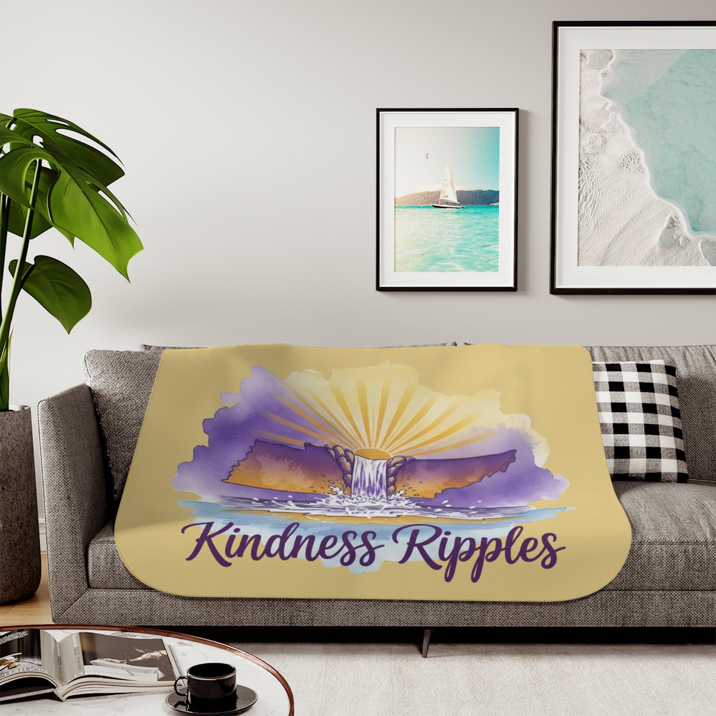 Sherpa Gold Kindness Ripples Retro Watercolor TN Blanket, Cookeville, TN, Waterfall Capital of the World, Purple and Gold