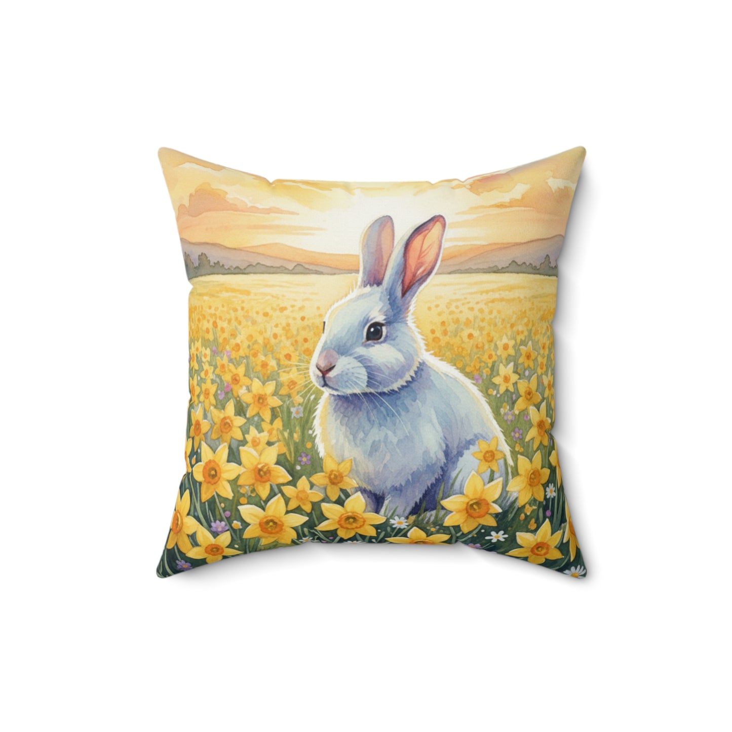 Daffodil Sunset Serenity: Watercolor White Bunny Pillow