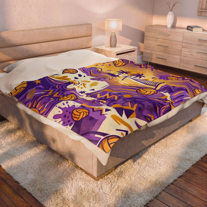 Beach Volleyball Velveteen Plush Blanket — Purple & Gold Coastal Wave Design