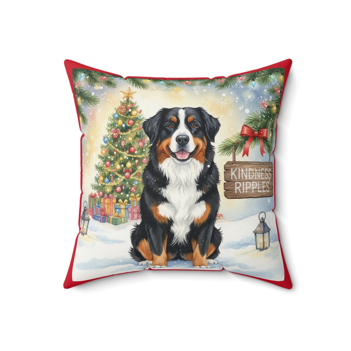 Bernese Mountain Dog Christmas Pillow – Holiday Tree & Gifts Decorative Throw Pillow