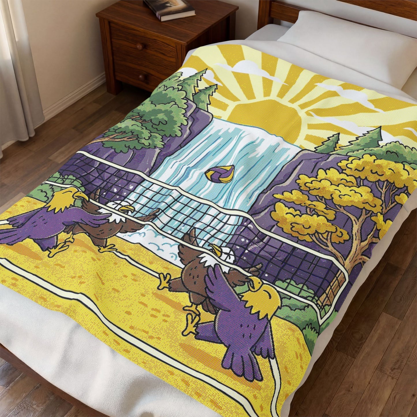 Beach Volleyball Waterfall Velveteen Plush Blanket — Birds Cookeville Beach Court Sunset Design