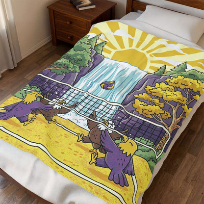 Beach Volleyball Waterfall Velveteen Plush Blanket — Birds Cookeville Beach Court Sunset Design