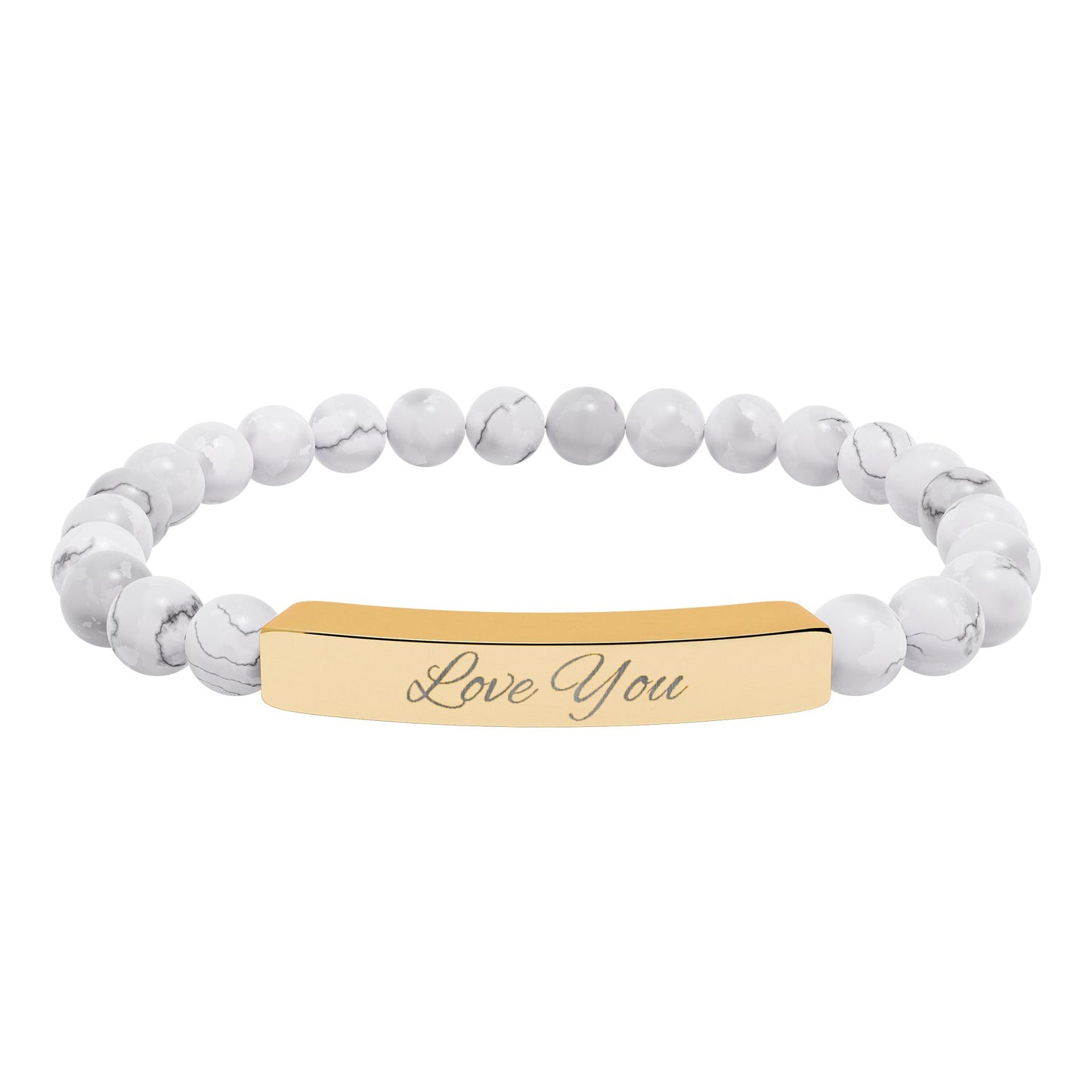 Engraved Natural Stone Bar Bracelet — "Love You" Stretch Beaded Bracelet