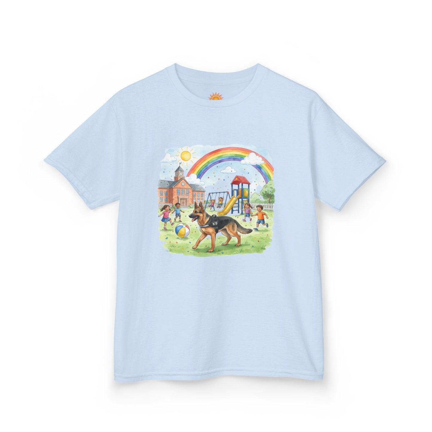 Kids T-Shirt — Playful Park Scene with Rainbow, Playground & Dog