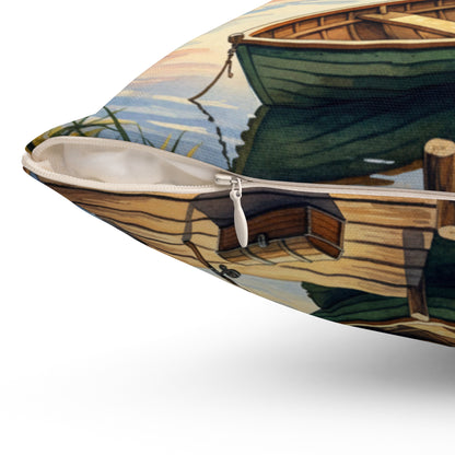 Golden Hour Angler's Dream: Watercolor Lake Sunset Pillow