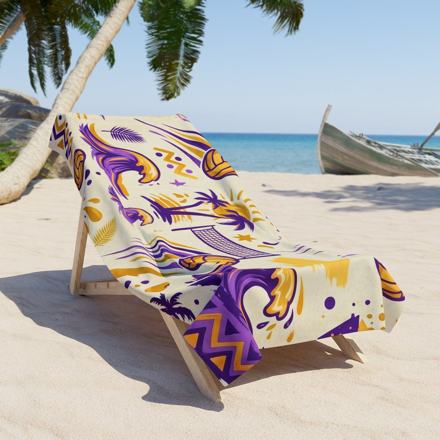 Beach Volleyball Palm Tree Beach Towel — Purple & Gold Wave Design