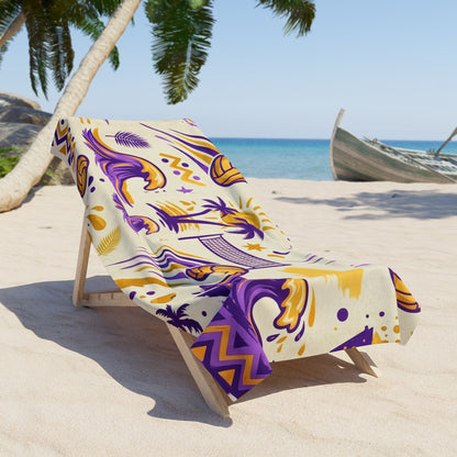 Beach Volleyball Palm Tree Beach Towel — Purple & Gold Wave Design