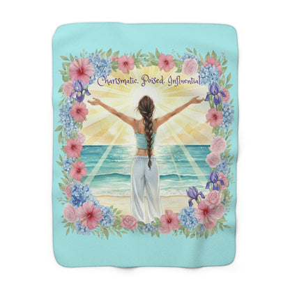 The Vivian - Inspirational Sherpa Fleece Blanket - Charismatic, Poised, Influential - Beach Floral Design