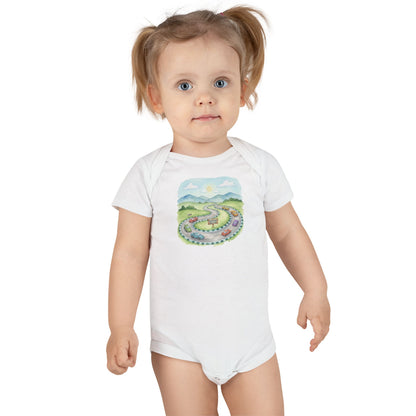 Organic Baby Bodysuit - Colorful Nature Adventure Race Car Road Trip Design