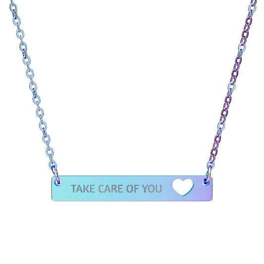 Cutout Heart Bar Necklace — "Take Care of You" Engraved