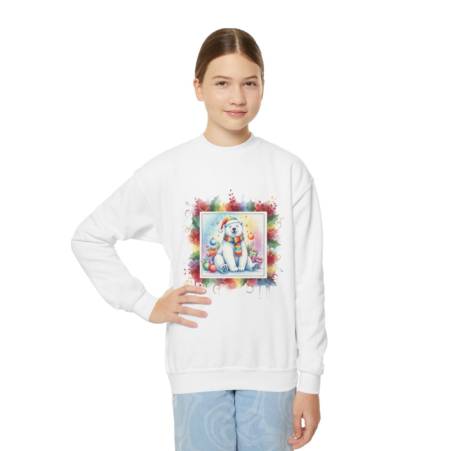 Festive Polar Bear Youth Crewneck Sweatshirt