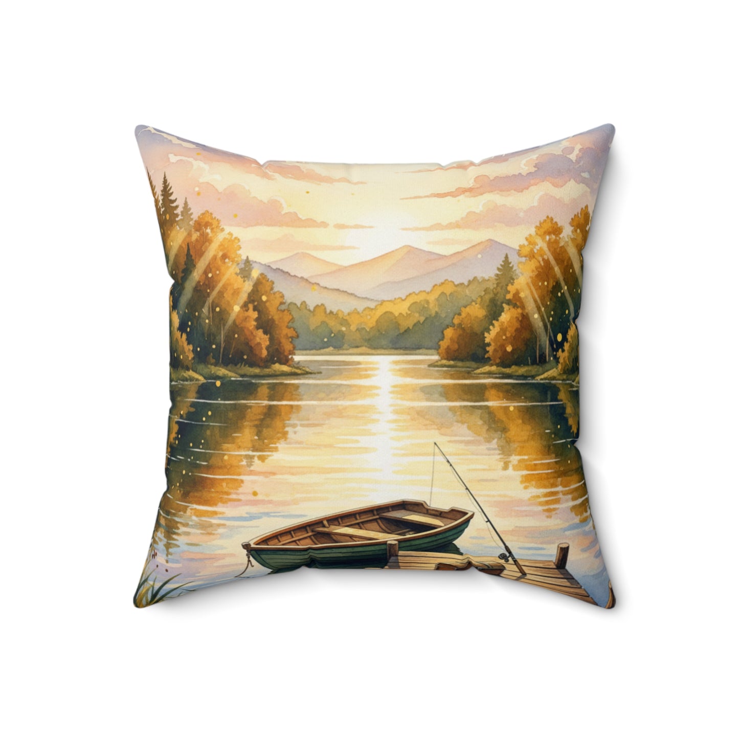 Golden Hour Angler's Dream: Watercolor Lake Sunset Pillow