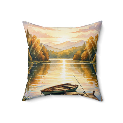 Golden Hour Angler's Dream: Watercolor Lake Sunset Pillow