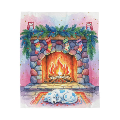 Cozy Holiday Velveteen Plush Blanket with Fireplace Design and Blue Spotted Puppy Dog