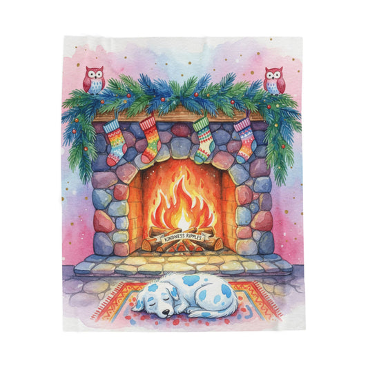 Cozy Holiday Velveteen Plush Blanket with Fireplace Design and Blue Spotted Puppy Dog
