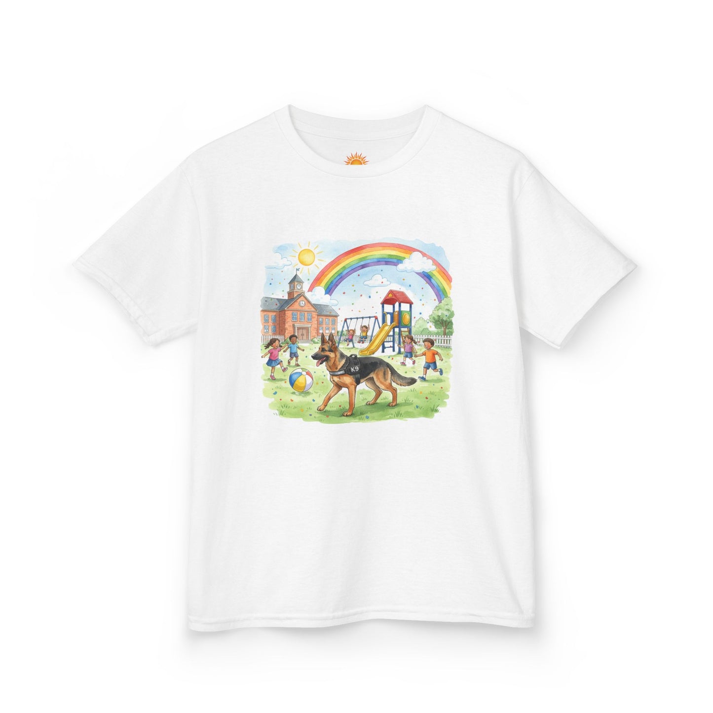 Kids T-Shirt — Playful Park Scene with Rainbow, Playground & Dog