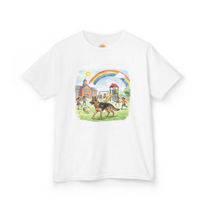 Kids T-Shirt — Playful Park Scene with Rainbow, Playground & Dog