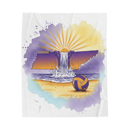 White Tennessee Sunset Beach Volleyball Velveteen Plush Blanket, Cookeville, TN, Waterfall Capital of the World, Beach Volleyball