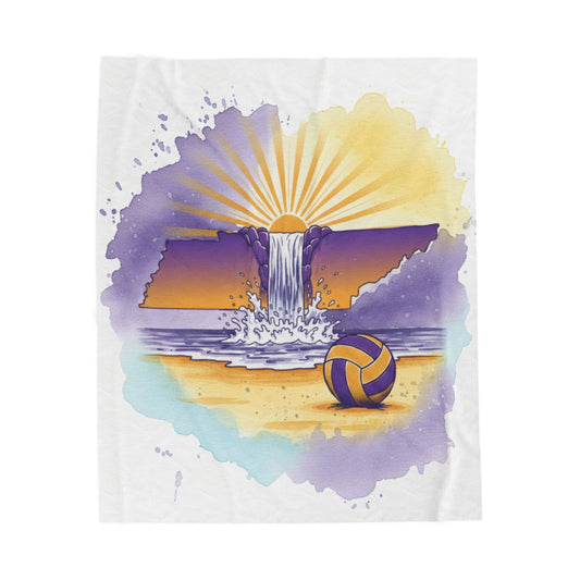 White Tennessee Sunset Beach Volleyball Velveteen Plush Blanket, Cookeville, TN, Waterfall Capital of the World, Beach Volleyball