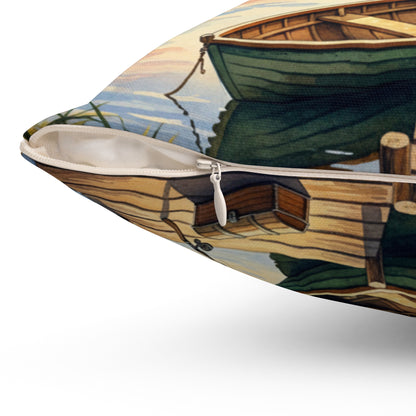 Golden Hour Angler's Dream: Watercolor Lake Sunset Pillow