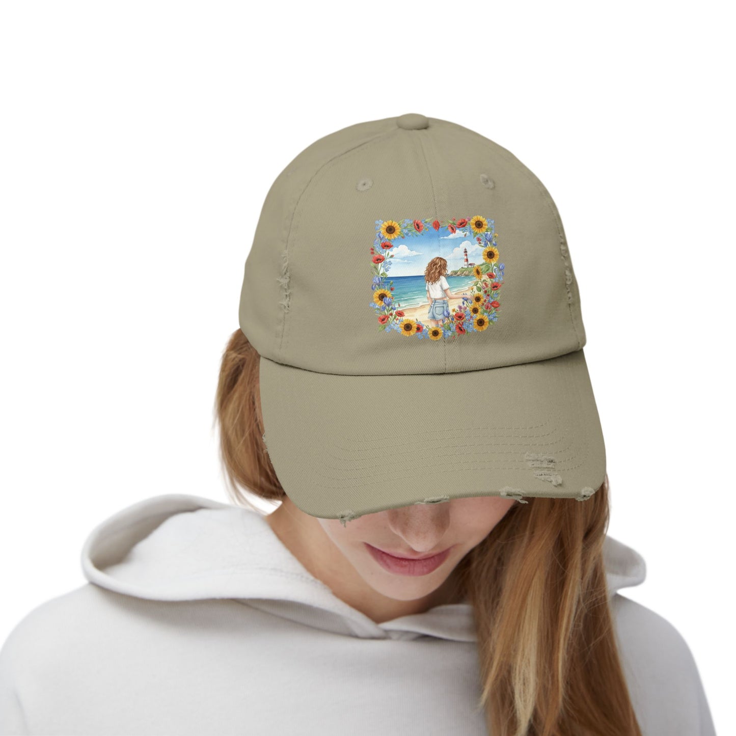 The Audrey - Retro Beach Vibe Distressed Cap with Sunflower Design