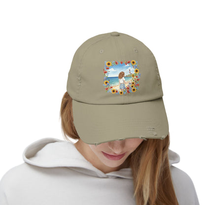 The Audrey - Retro Beach Vibe Distressed Cap with Sunflower Design