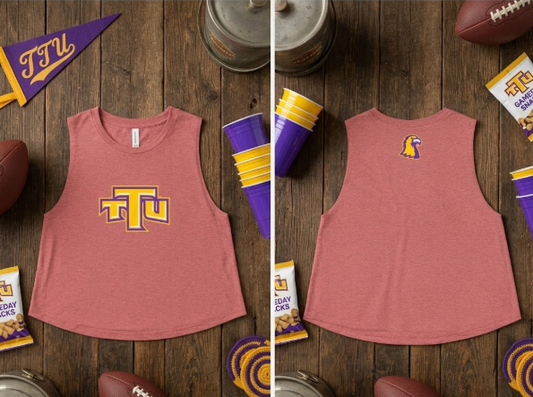 Women’s Crop Top — Gold & Purple TTU Logo Athletic Crop Top (Mascot Back)