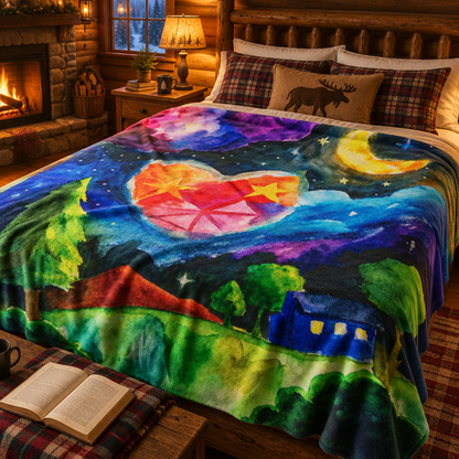 Velveteen Plush Blanket — Colorful Night Sky Heart Landscape Throw