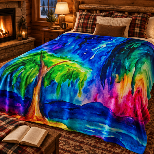 Vibrant Colorful Forest Landscape Velveteen Plush Blanket
