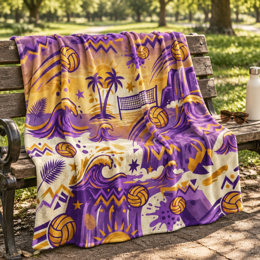 Beach Volleyball Velveteen Plush Blanket — Purple & Gold Coastal Wave Design