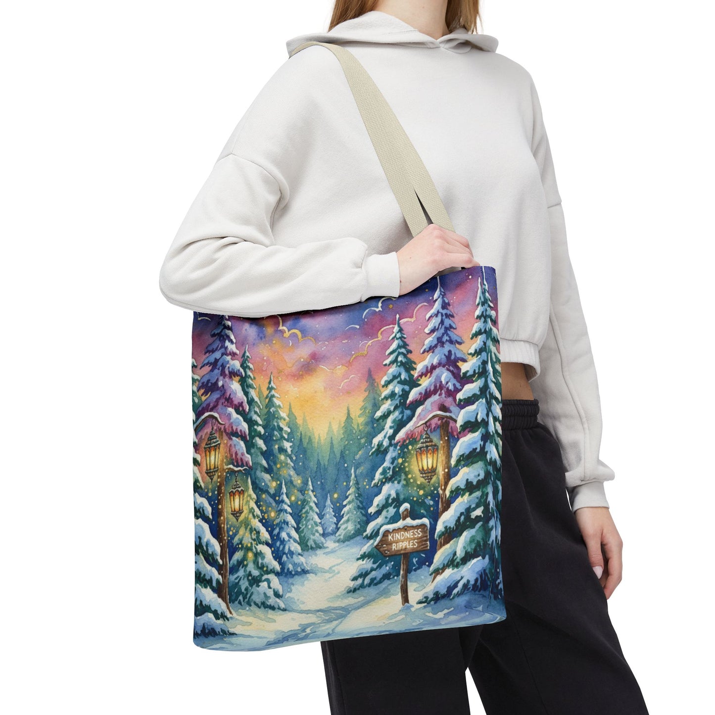 Enchanting Watercolor Winter Wonderland Tote Bag - Festive Holiday Gift & Everyday Carryall | 3 Sizes, Custom Handles