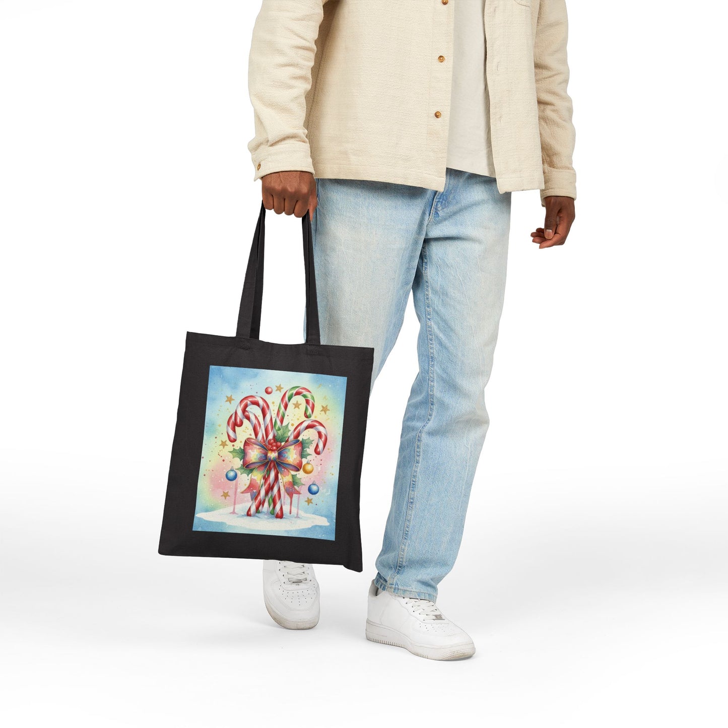 Festive Candy Cane Tote Bag - Christmas Canvas Shopper