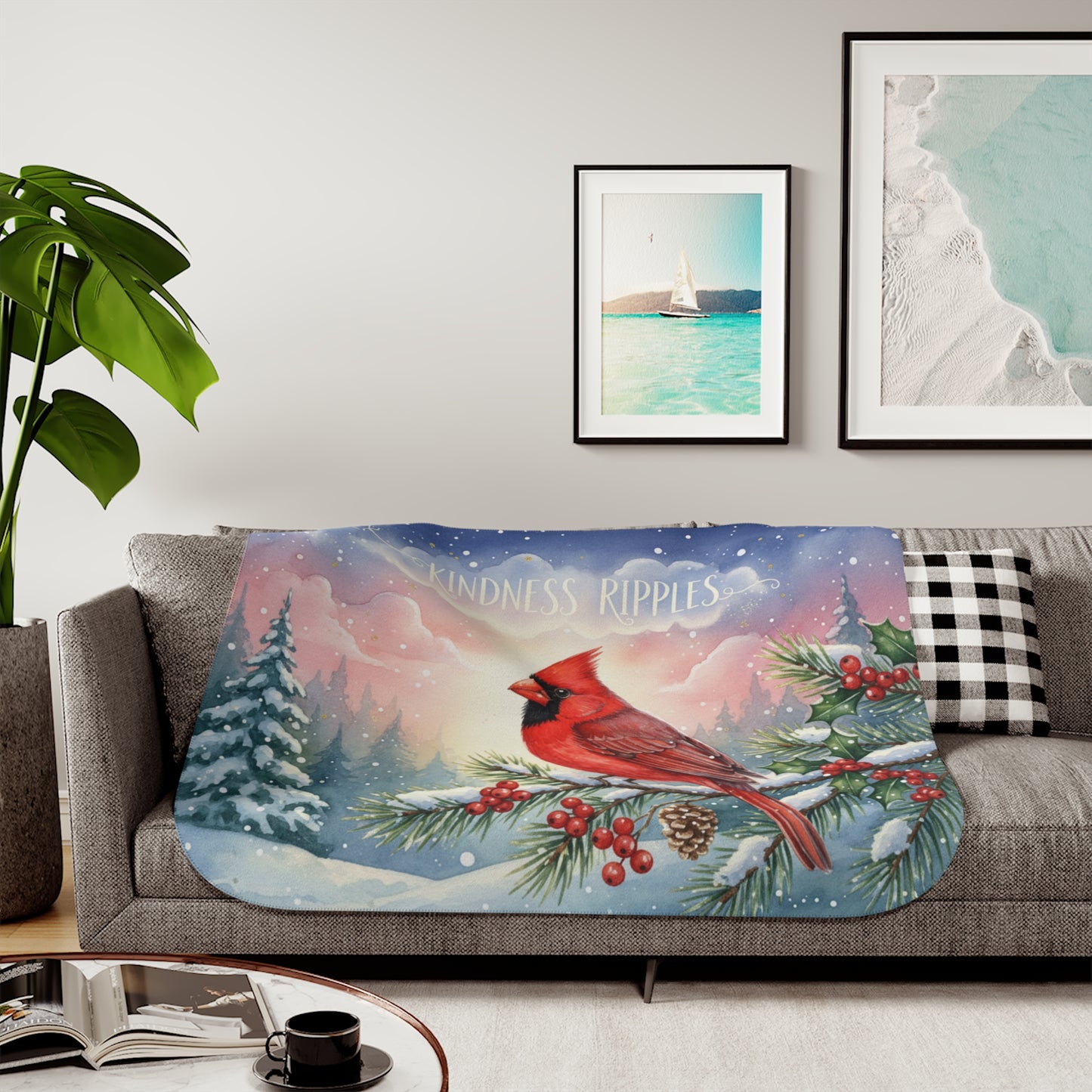 Cardinal Winter Sherpa Blanket — "Kindness Ripples" Cozy Throw