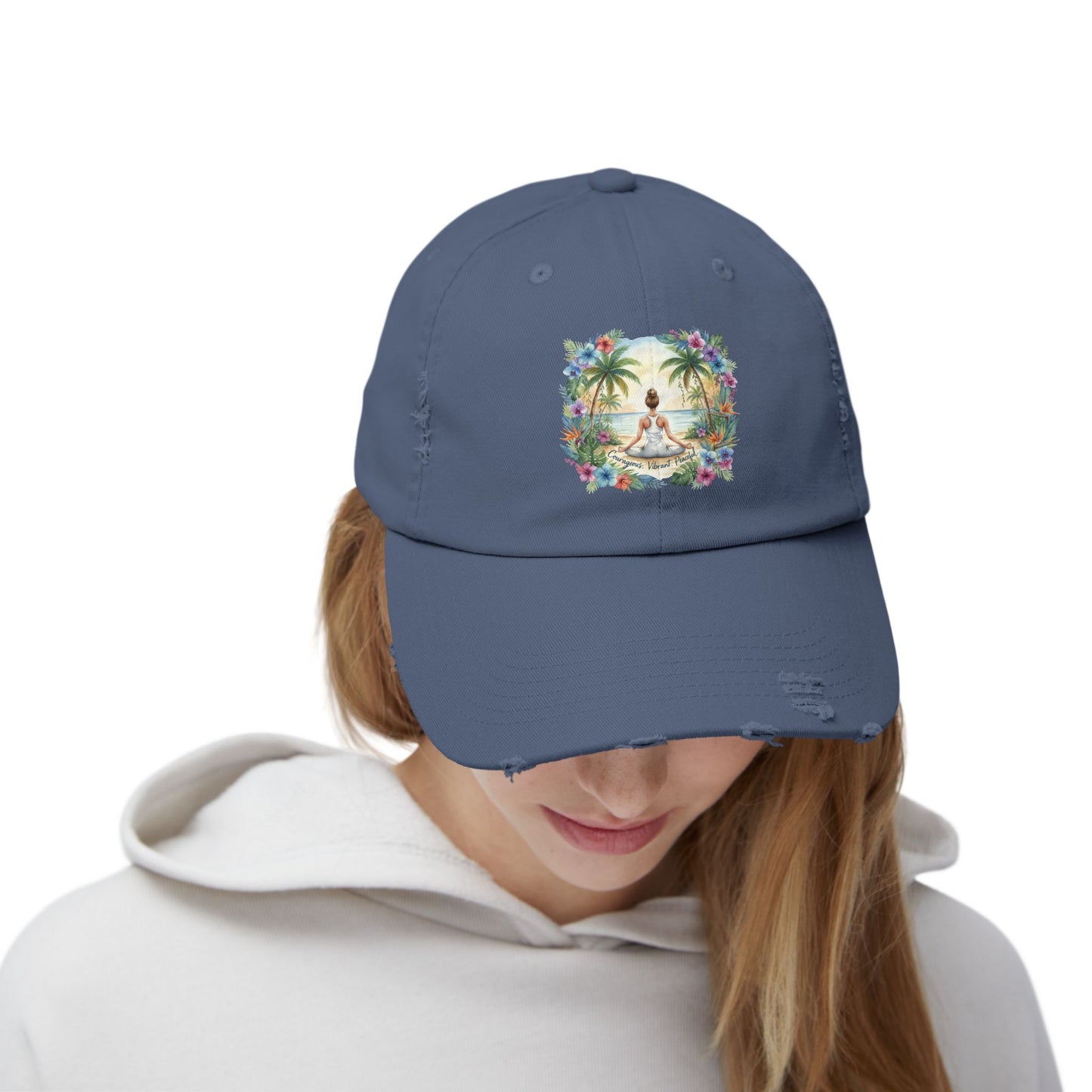 The Rachel - Zen-Inspired Unisex Distressed Cap with Tropical Meditation Design