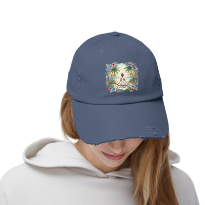The Rachel - Zen-Inspired Unisex Distressed Cap with Tropical Meditation Design