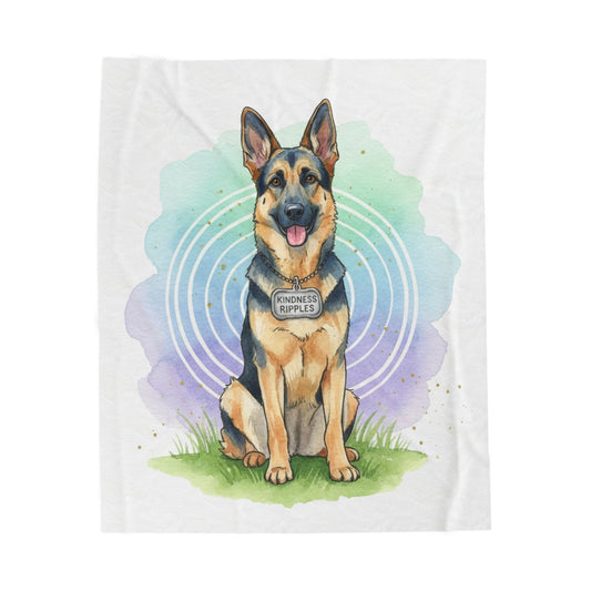 German Shepherd Velveteen Plush Blanket – Watercolor Service Dog Design -Kindness Ripples