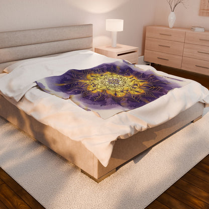 Mandala Velveteen Plush Blanket - Cozy Decorative Throw for Relaxation and Gifts, Purple and Gold, Peaceful, Kindness, Calm