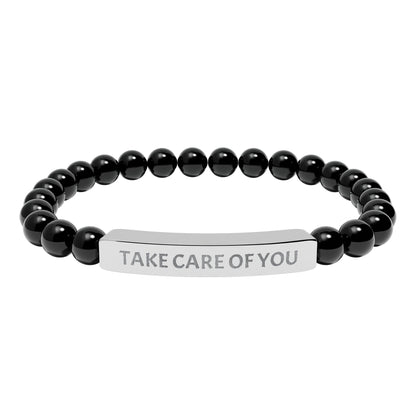 Take Care of You Natural Stone Stretch Bar Bracelet — Engraved Self-Care Jewelry