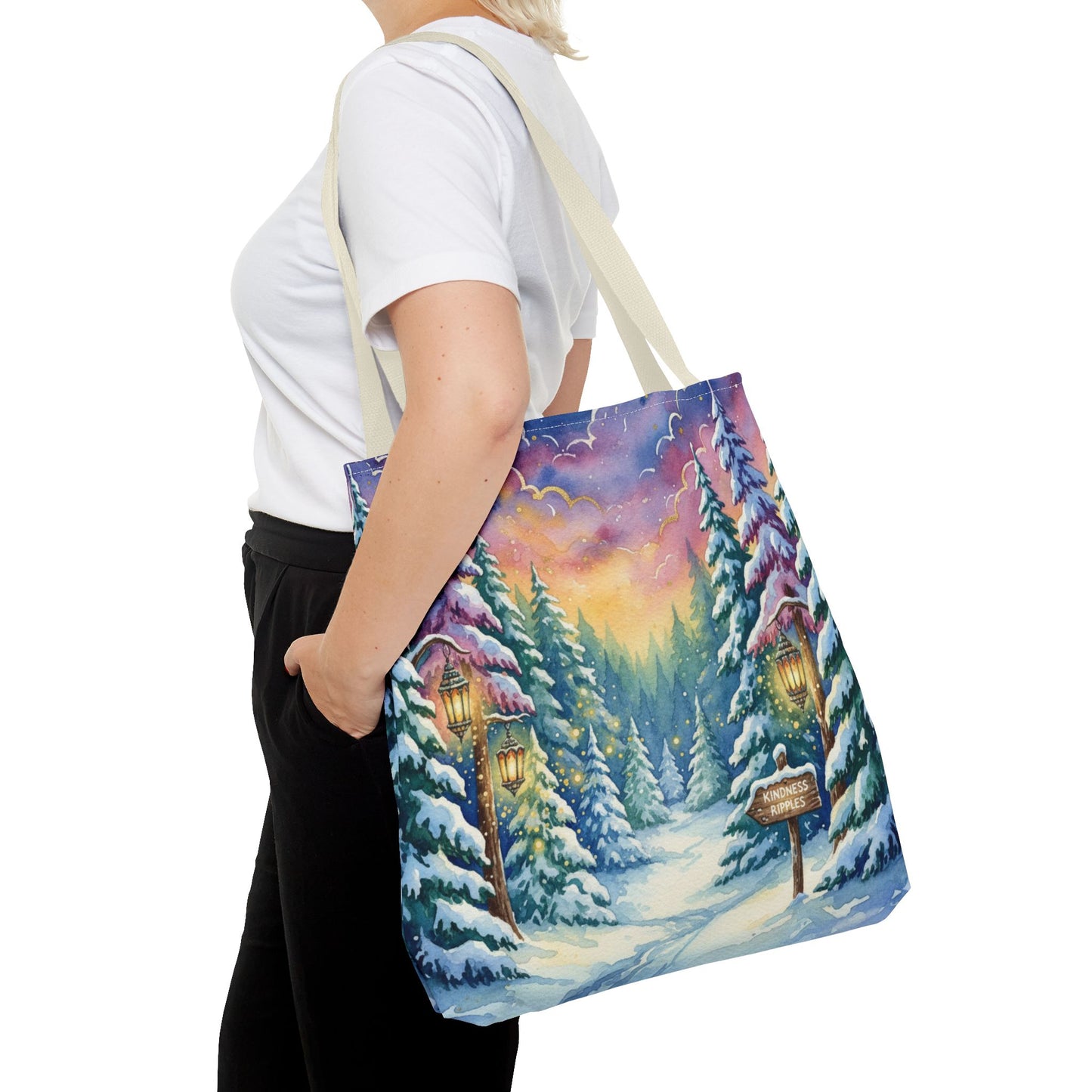 Enchanting Watercolor Winter Wonderland Tote Bag - Festive Holiday Gift & Everyday Carryall | 3 Sizes, Custom Handles