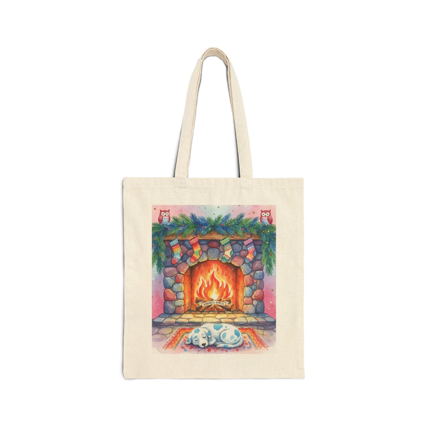 Cozy Holiday Cotton Canvas Tote Bag with Fireplace Design Blue Spotted Puppy Dog