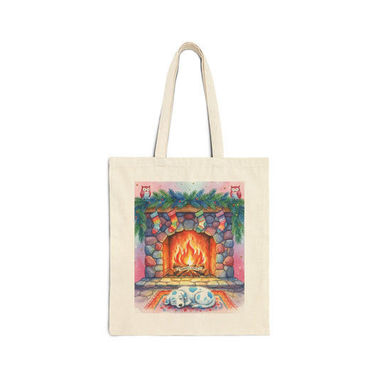 Cozy Holiday Cotton Canvas Tote Bag with Fireplace Design Blue Spotted Puppy Dog