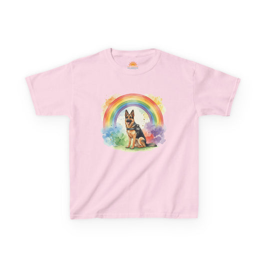 Kids German Shepherd Tee — Rainbow Watercolor Pup T-Shirt