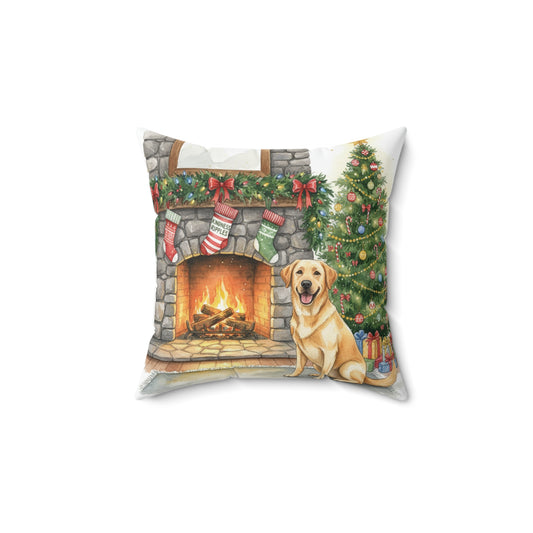 Yellow Lab Christmas Pillow – Holiday Tree & Gifts by the Fire Decorative Throw Pillow