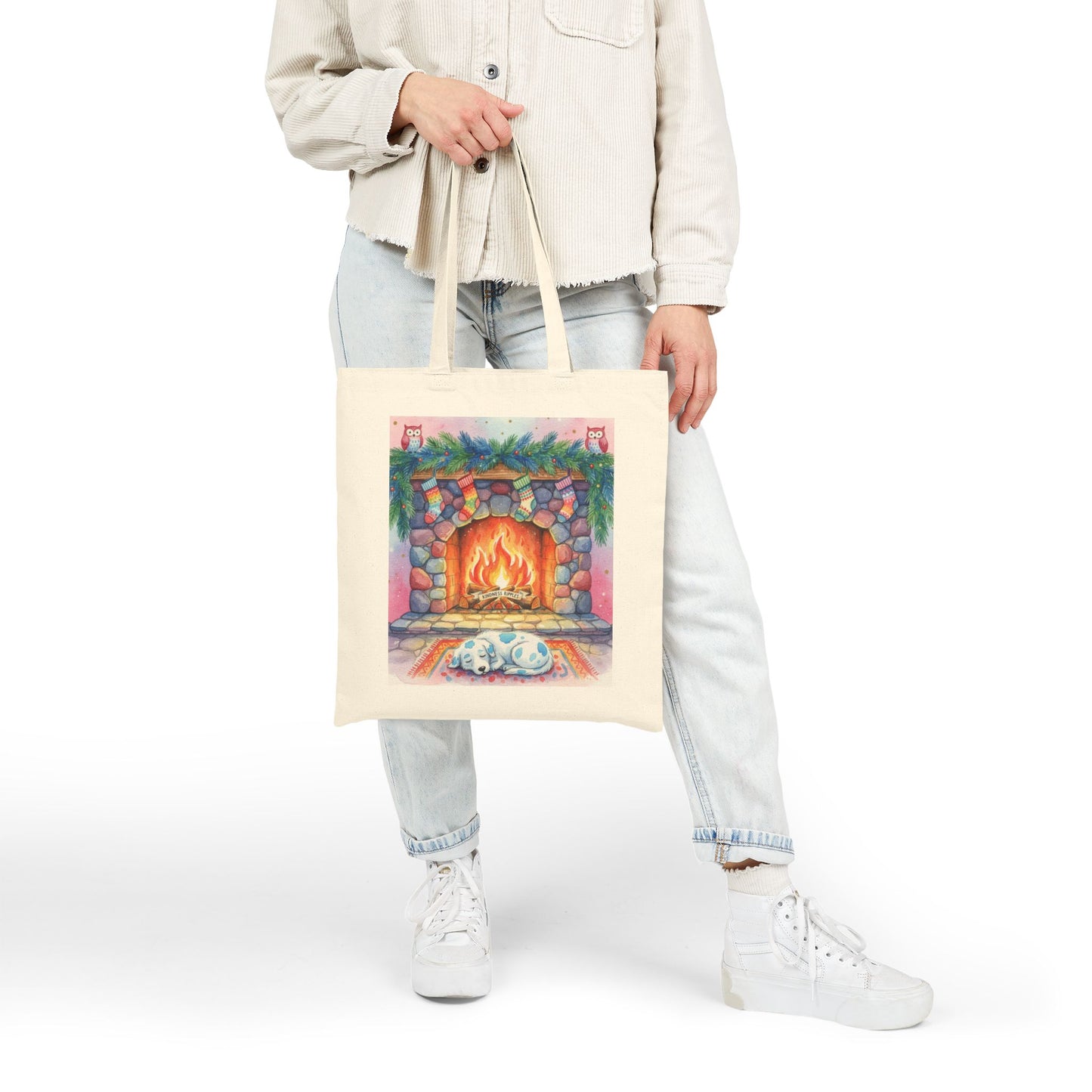 Cozy Holiday Cotton Canvas Tote Bag with Fireplace Design Blue Spotted Puppy Dog