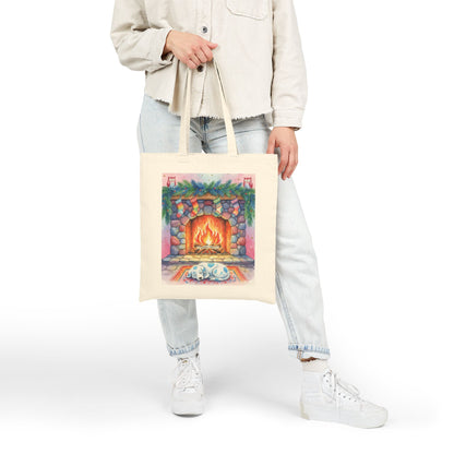 Cozy Holiday Cotton Canvas Tote Bag with Fireplace Design Blue Spotted Puppy Dog