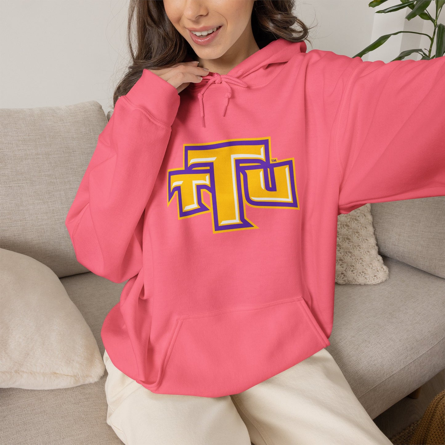 Pink School Logo Hoodie — Retro TTU Initials Pullover