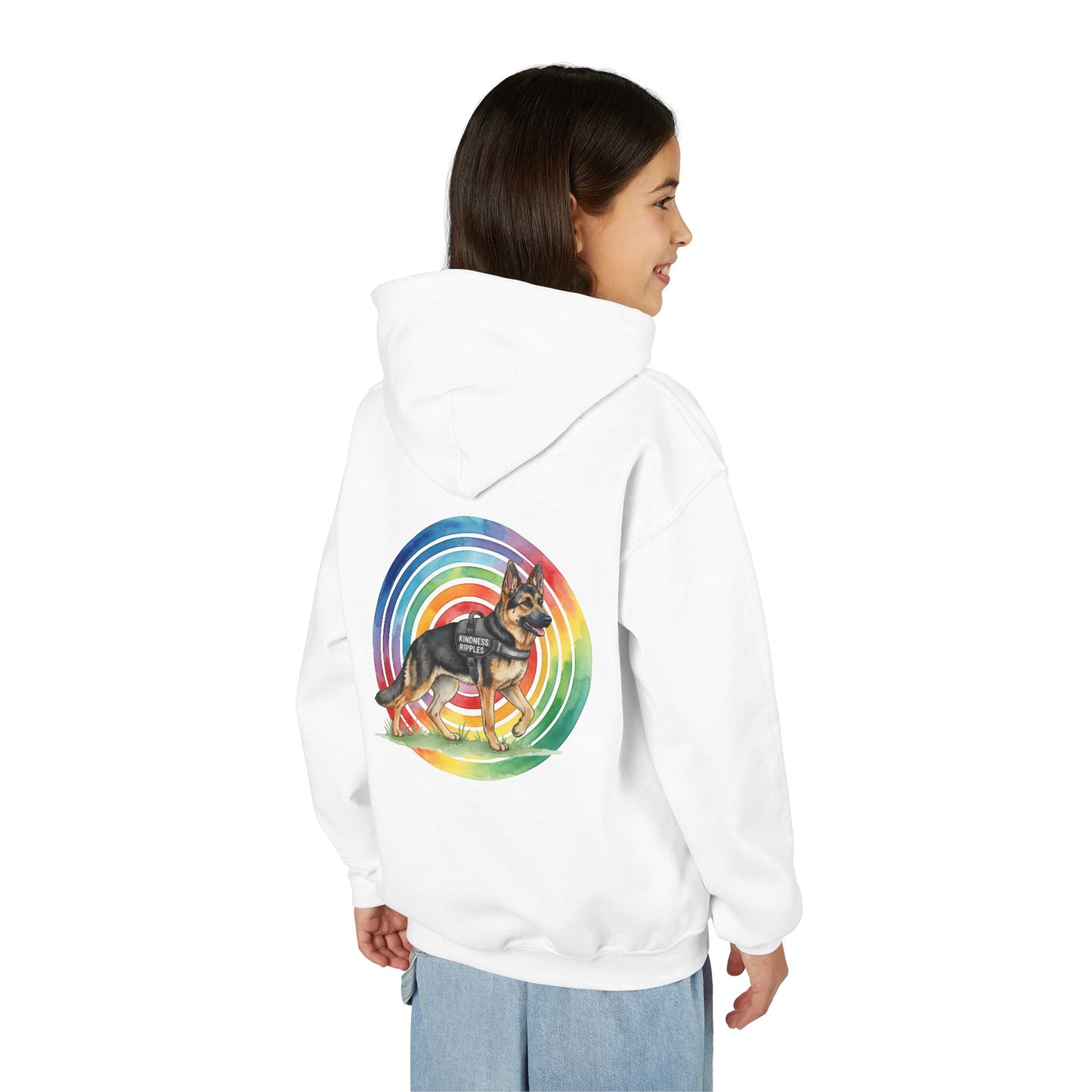 Youth Hoodie — Rainbow Paw & German Shepherd Graphic - Kindness Ripples