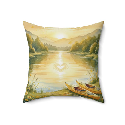 Golden Embrace Kayak Dream: Watercolor Lake Sunset Pillow