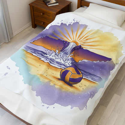 White Tennessee Sunset Beach Volleyball Velveteen Plush Blanket, Cookeville, TN, Waterfall Capital of the World, Beach Volleyball