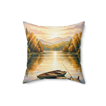 Golden Hour Angler's Dream: Watercolor Lake Sunset Pillow